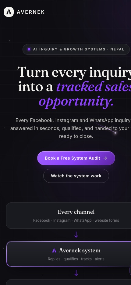 The Avernek homepage on a phone-width viewport, showing the same hero and system diagram stacked.