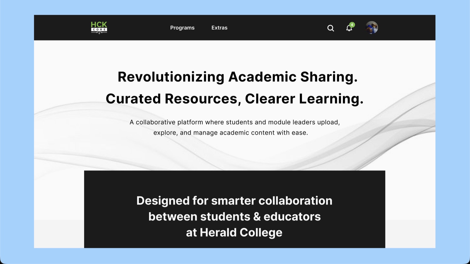 The HCK Core landing page as built: the dark navigation bar, the headline about curated academic sharing, and the panel naming Herald College