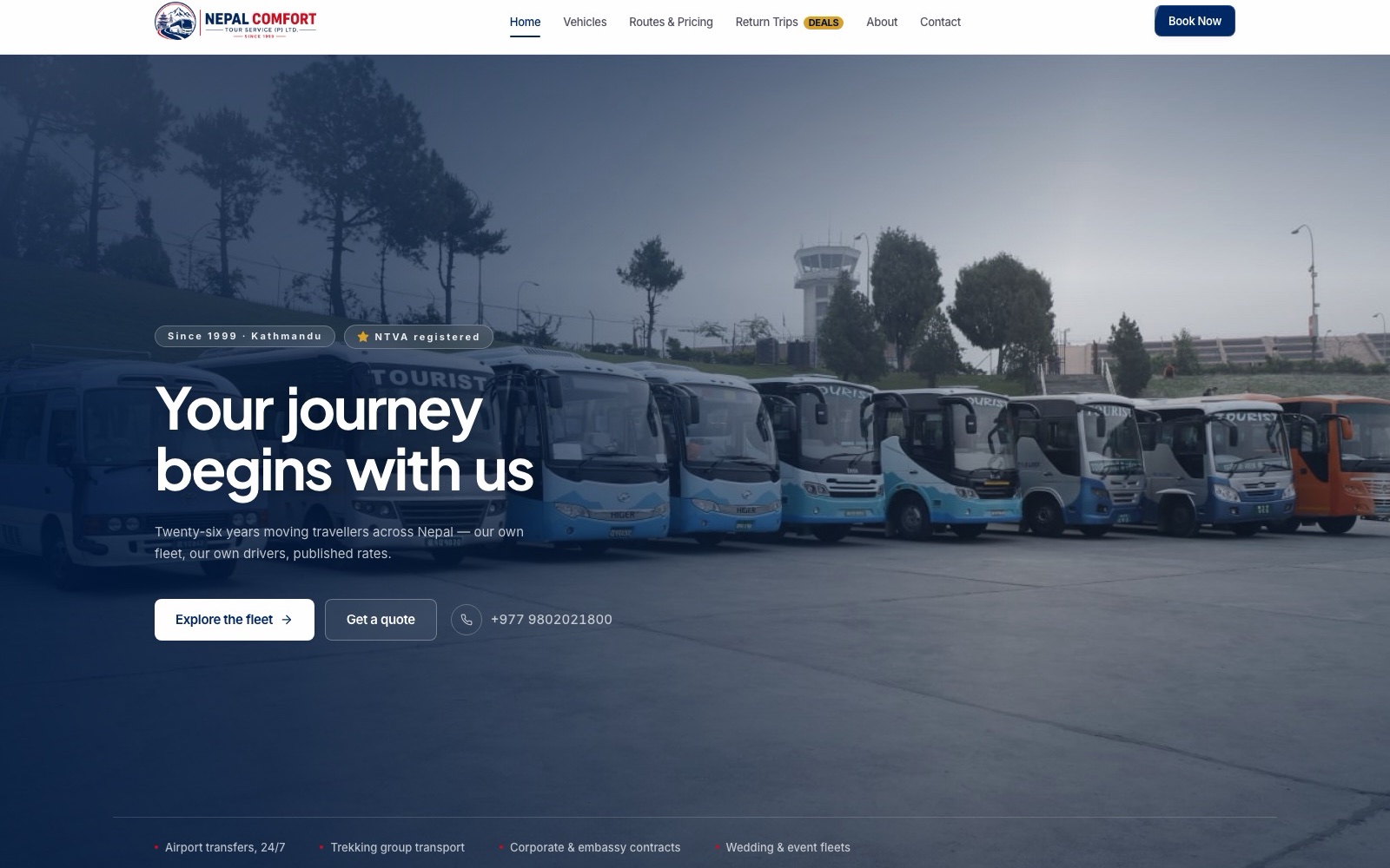 The Nepal Comfort Tour Service homepage: a full-bleed photograph of the company's own fleet behind the headline, with the since-1999 and NTVA-registered credentials called out