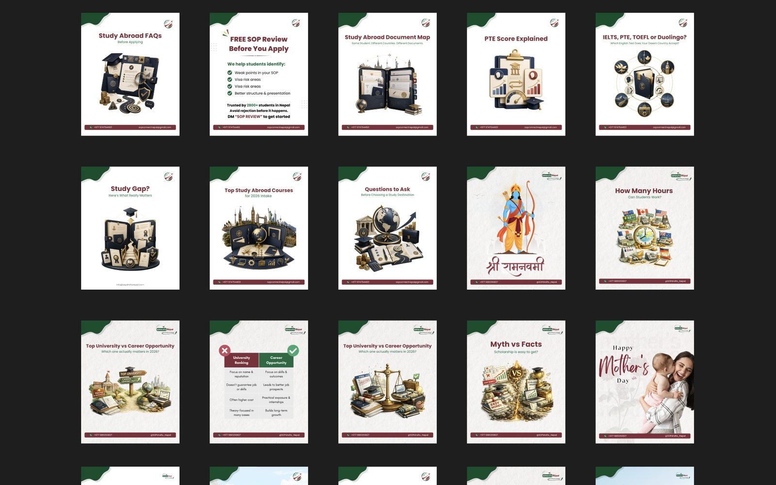 Ten SOPdrafts Nepal post covers: study-abroad explainers and a document map, every one carrying the same green corner fold, maroon headline and contact bar