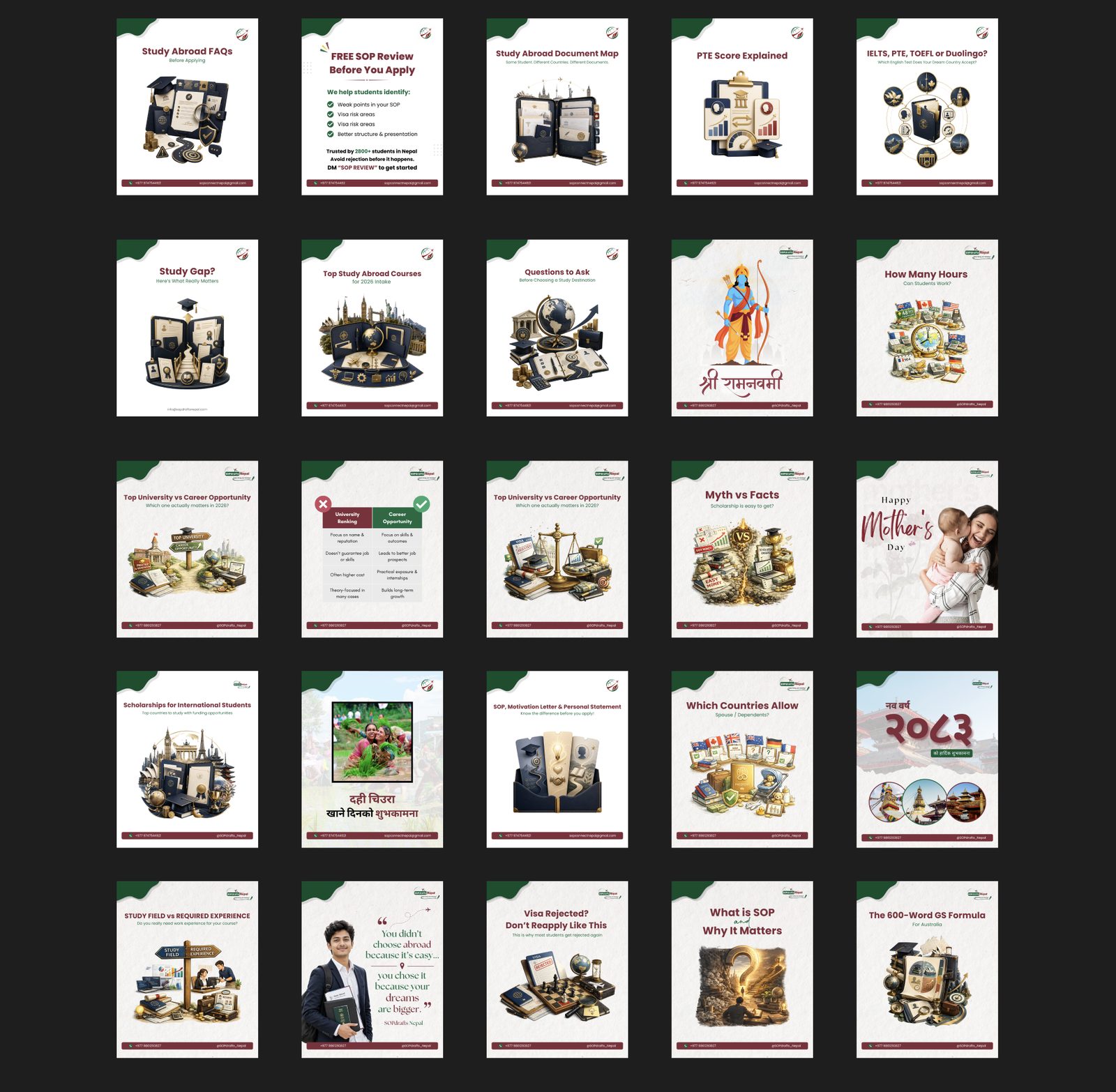 Twenty-five SOPdrafts Nepal post covers in a grid: study-abroad explainers, comparison tables and festival greetings, every one carrying the same green corner fold, maroon headline and contact bar